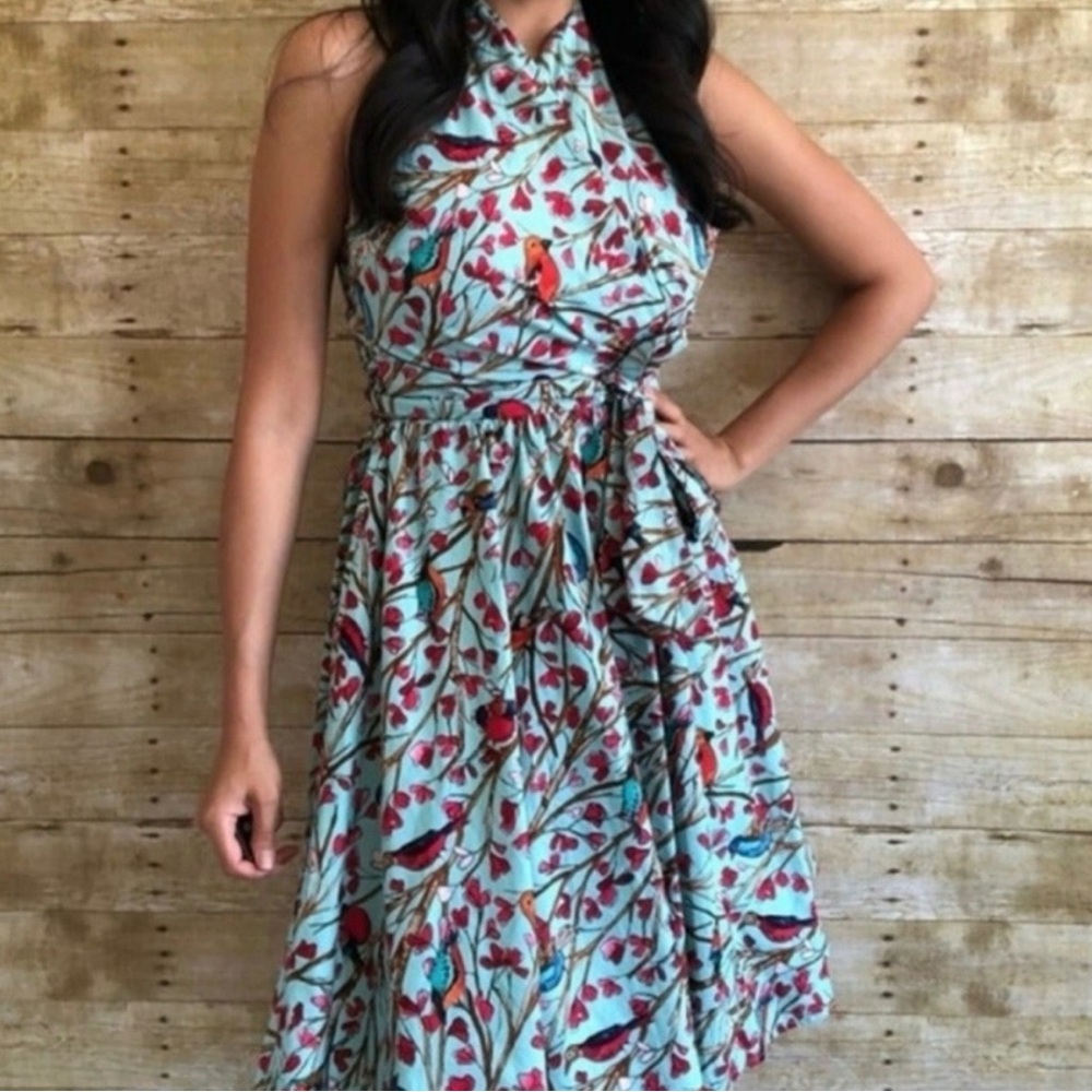 Retrolicious Aqua Blue Sleeveless Bird & Floral Print Fit Flare Dress - Cotton
